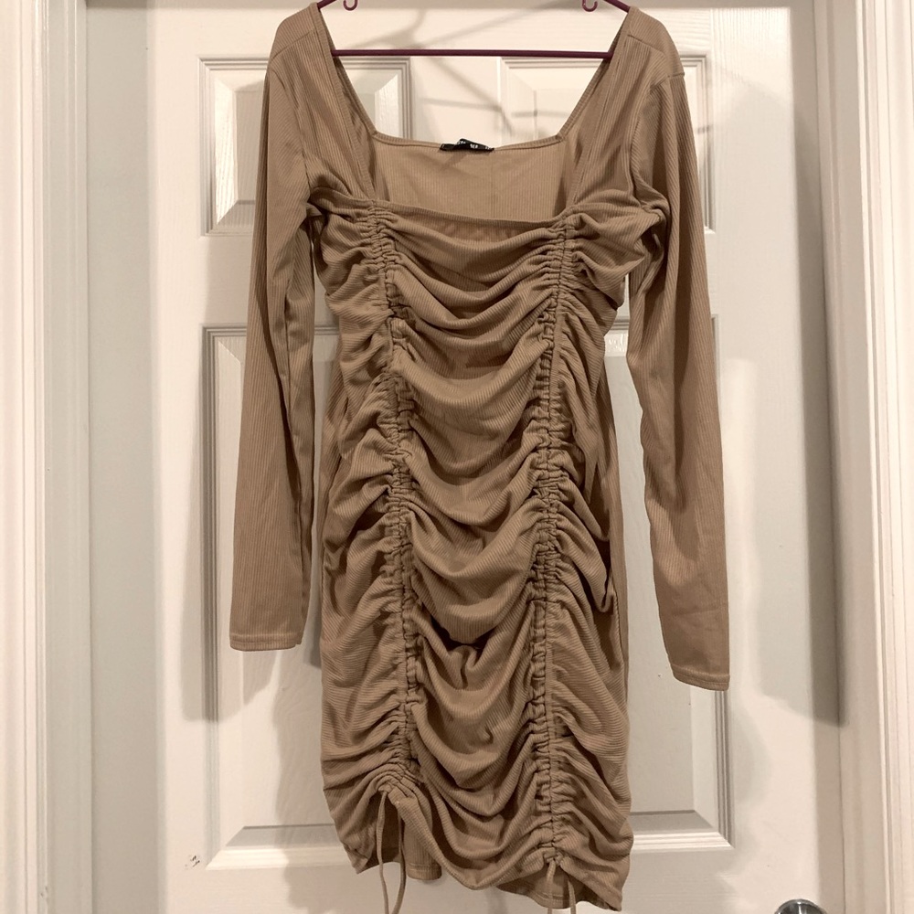 Camel Ribbed Ruched Mini Dress
